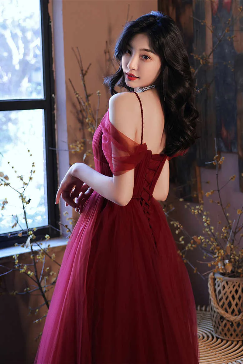 Straps A-line Burgundy Tulle Long Evening Dress