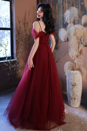 Straps A-line Burgundy Tulle Long Evening Dress