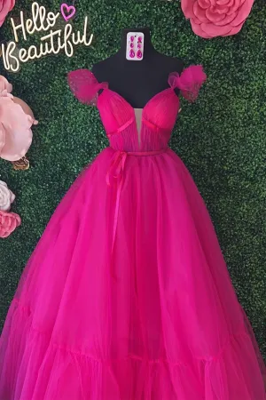 Straps Fuchsia Tulle Long Prom Gown