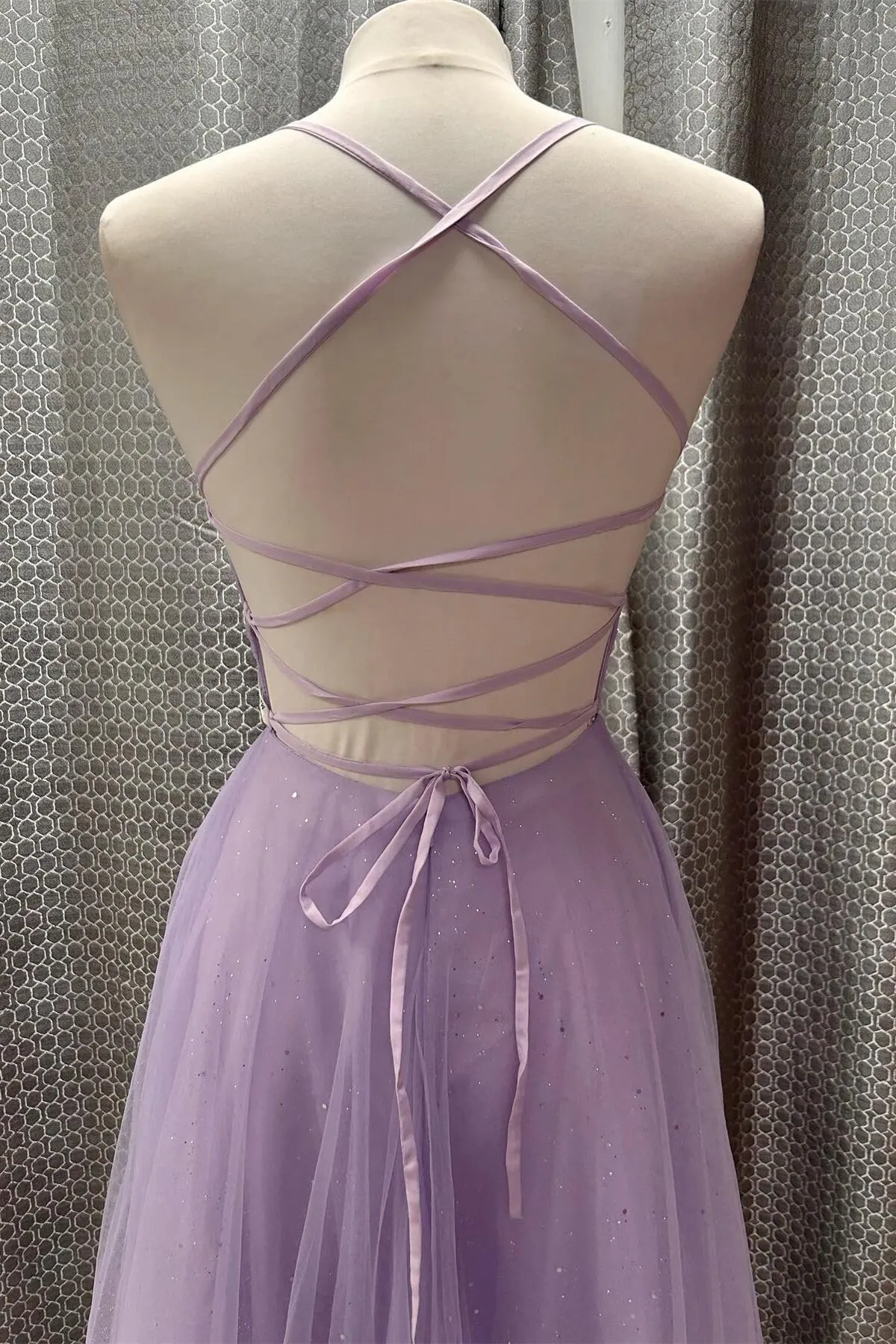 Straps Lavender Tulle Pleated Prom Dress