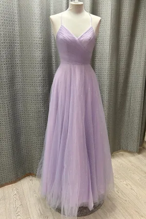 Straps Lavender Tulle Pleated Prom Dress