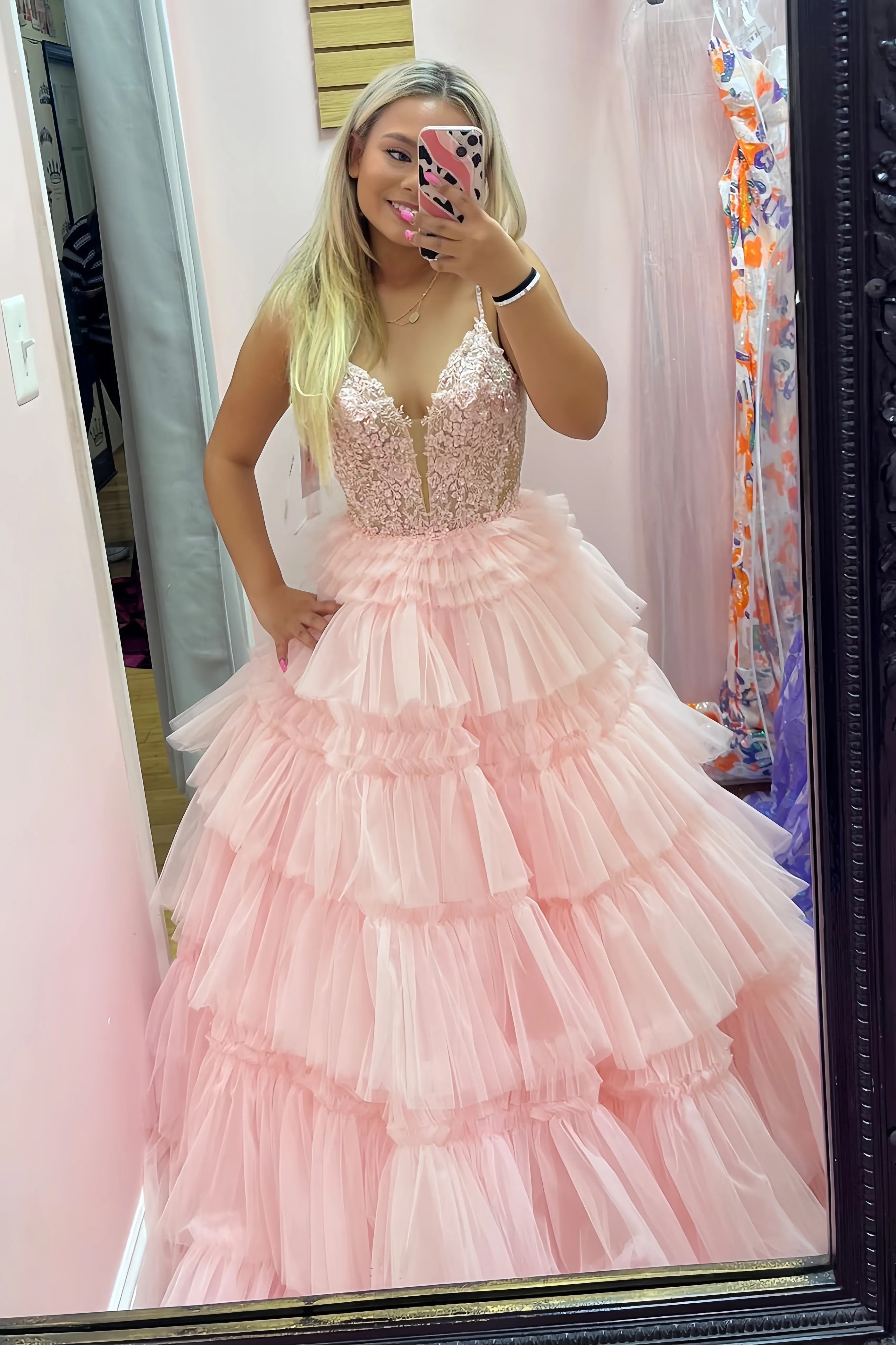 Straps Tulle Ruffle Long Formal Dress