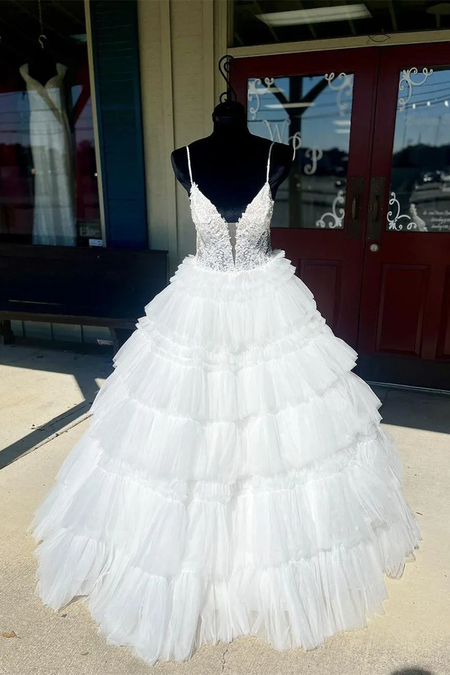 Straps Tulle Ruffle Long Formal Dress