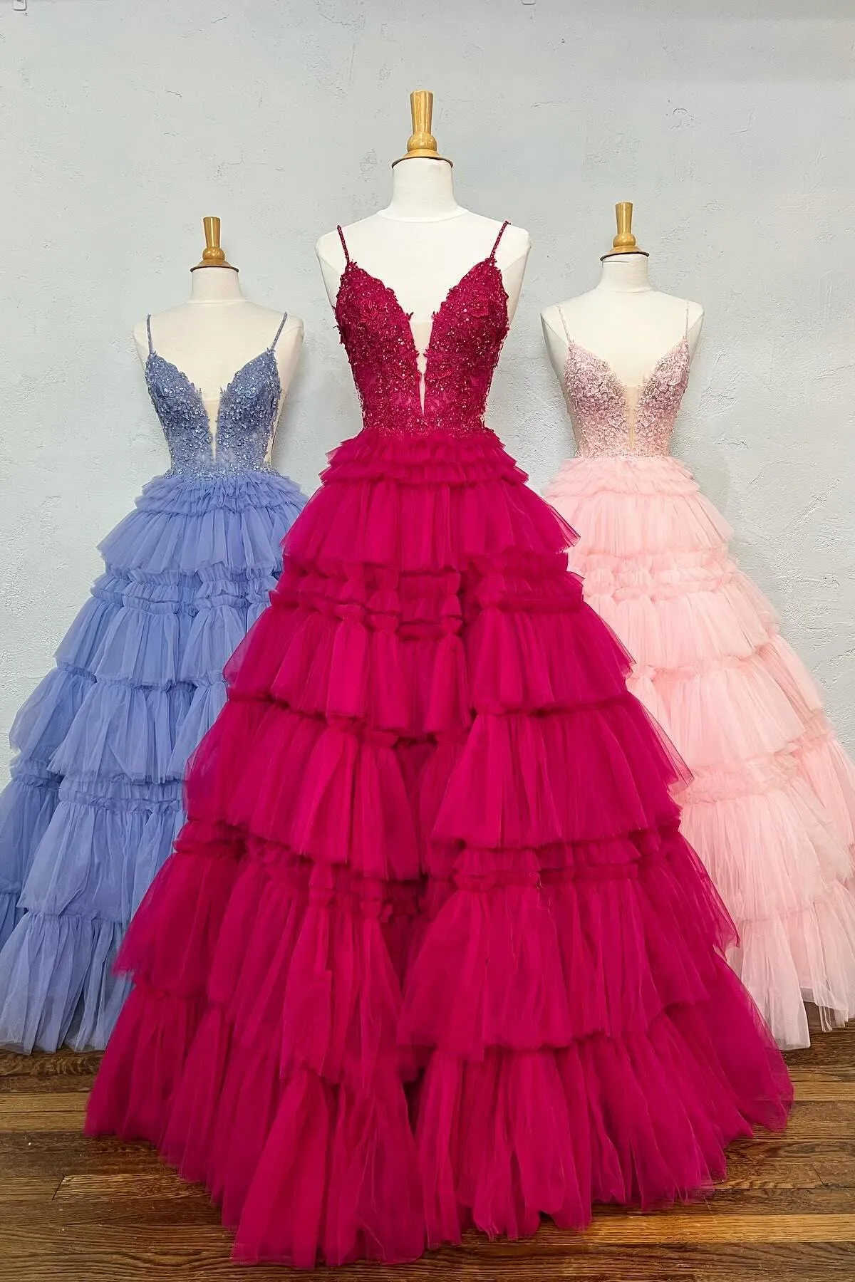 Straps Tulle Ruffle Long Formal Dress