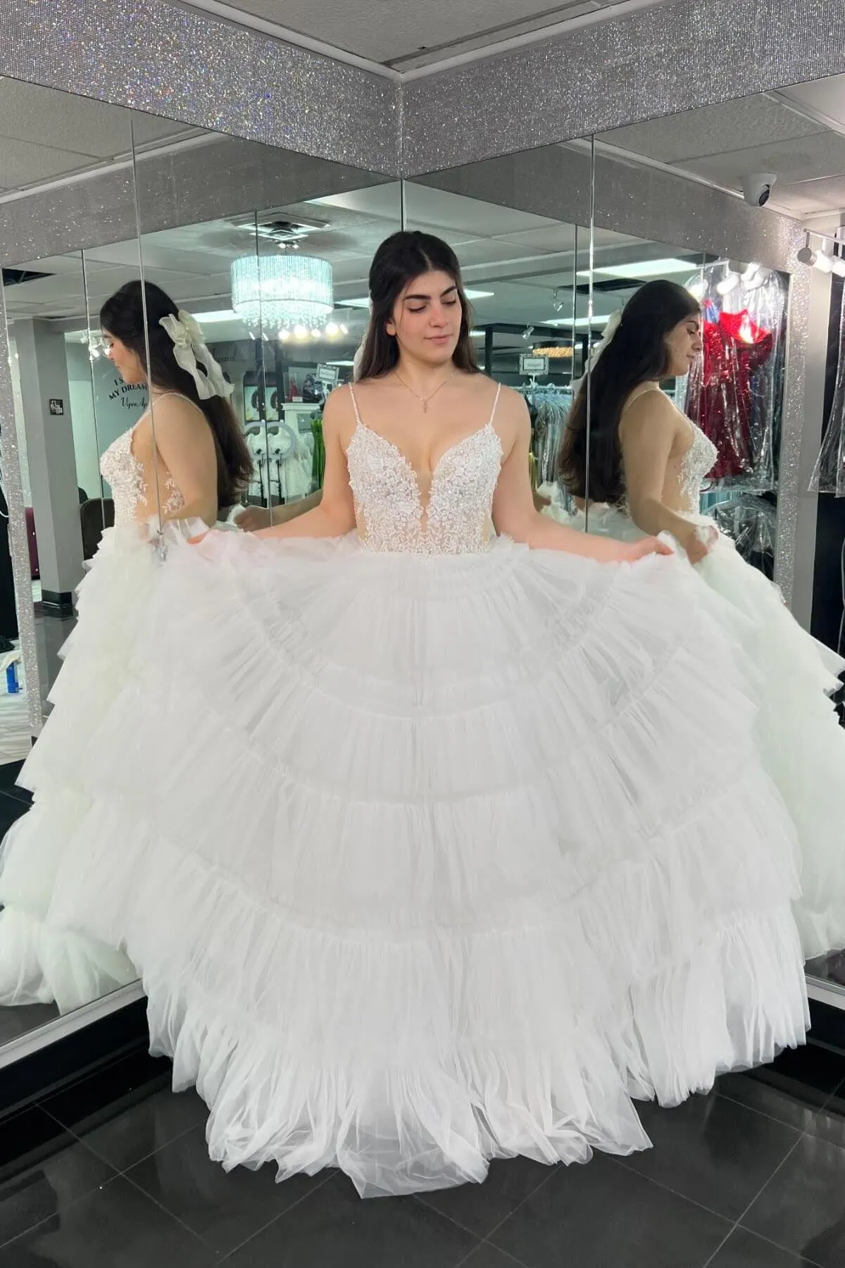 Straps Tulle Ruffle Long Formal Dress