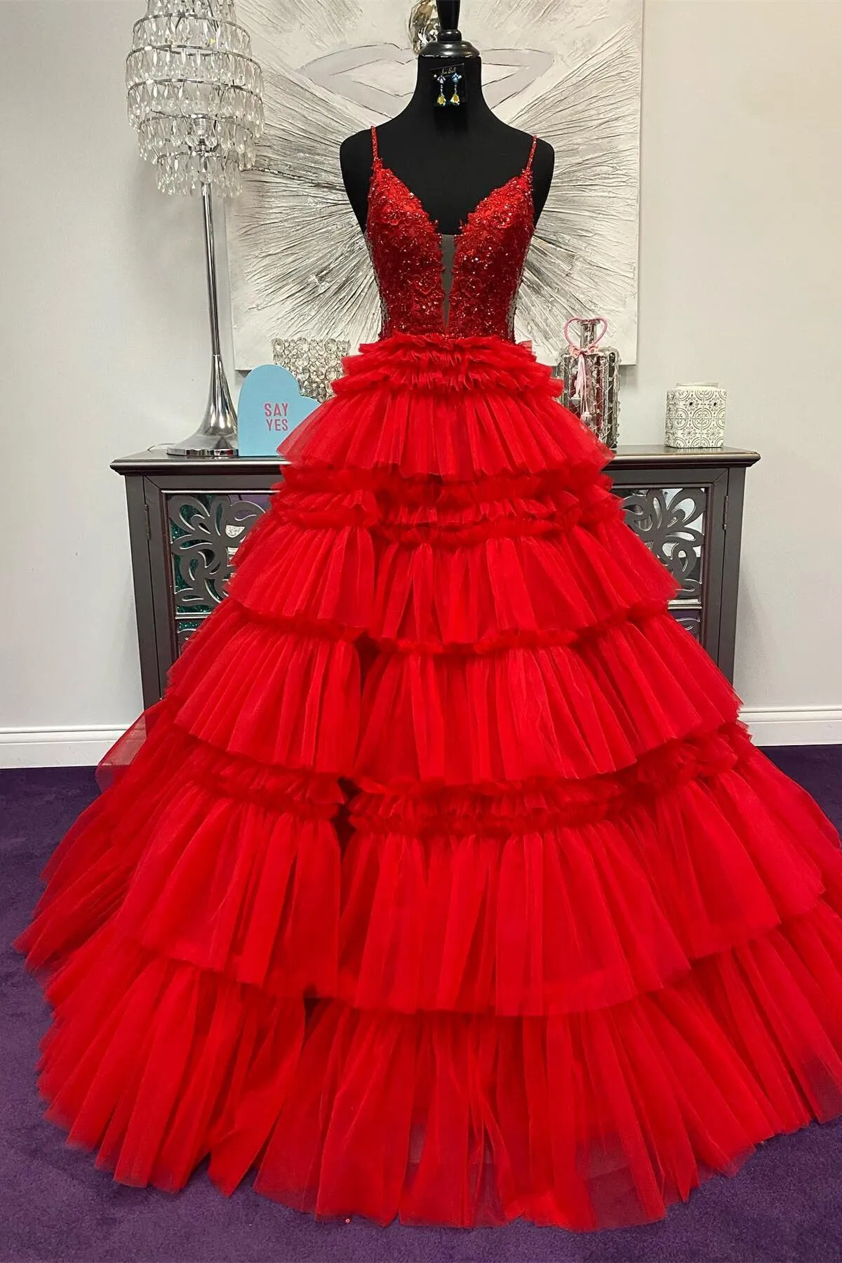 Straps Tulle Ruffle Long Formal Dress