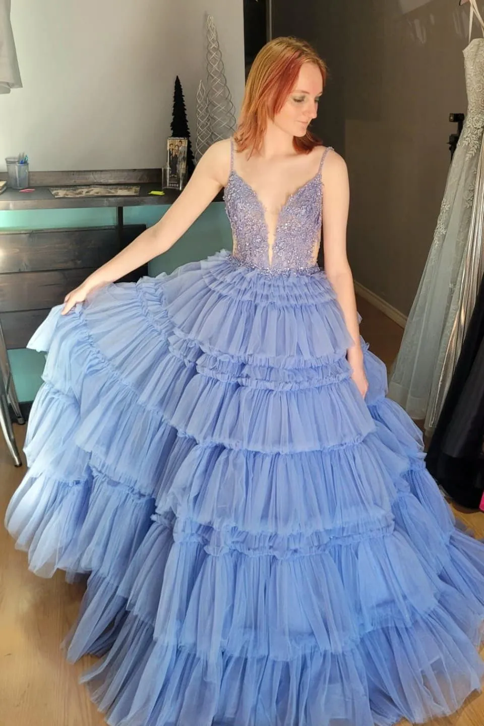 Straps Tulle Ruffle Long Formal Dress