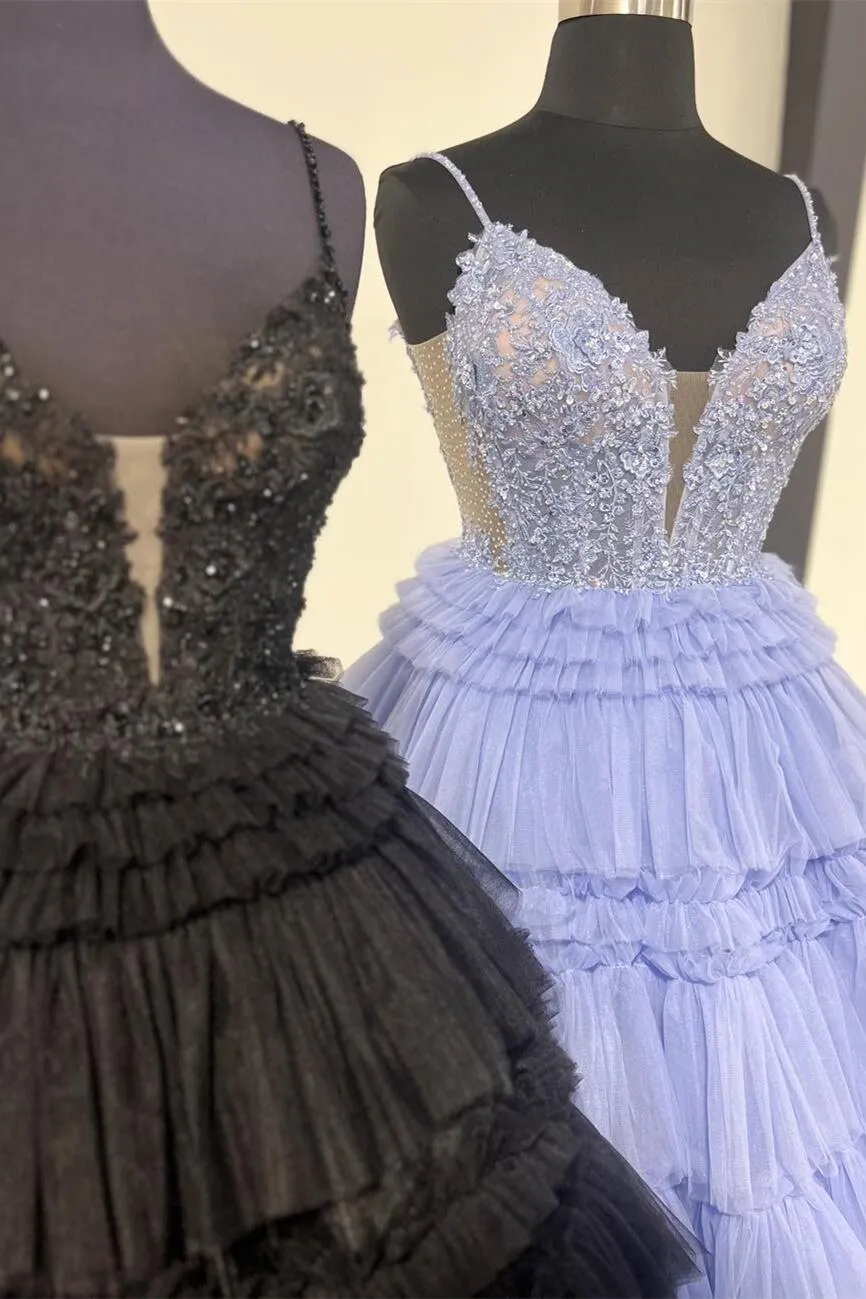 Straps Tulle Ruffle Long Formal Dress