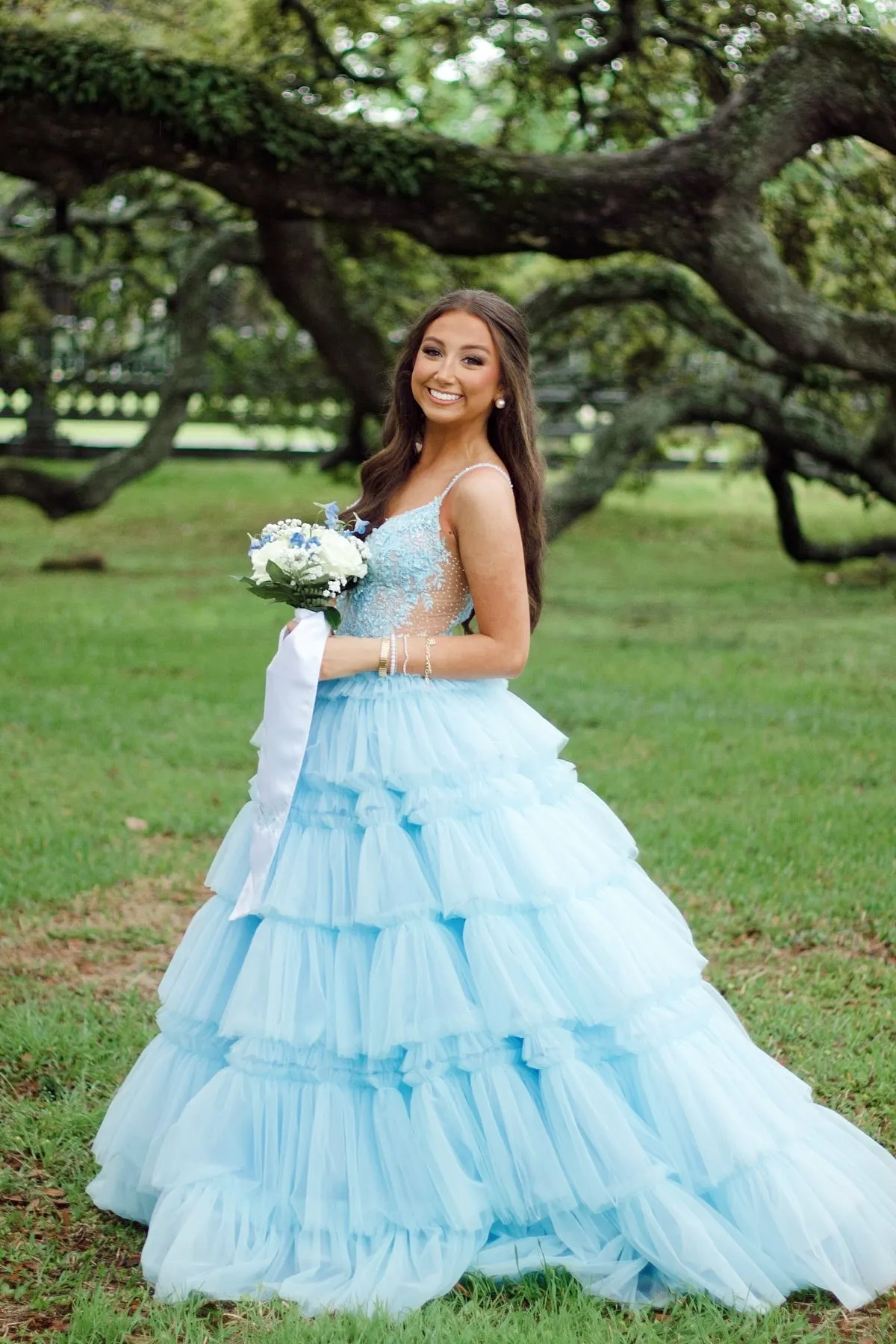 Straps Tulle Ruffle Long Formal Dress