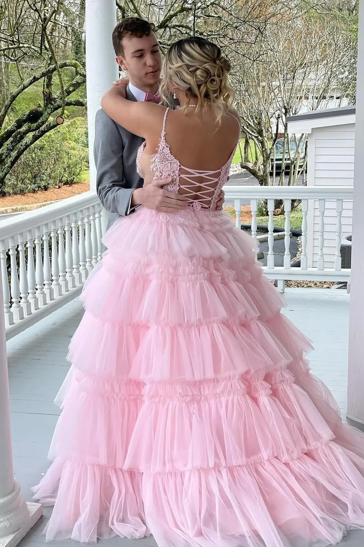 Straps Tulle Ruffle Long Formal Dress
