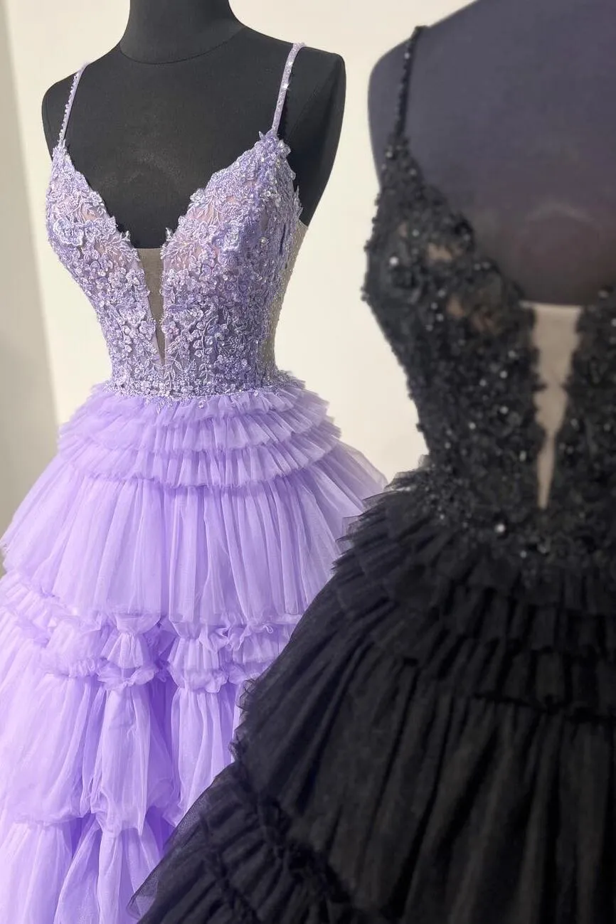 Straps Tulle Ruffle Long Formal Dress