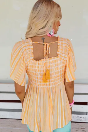 Striped Print Smocked Flowy Blouse