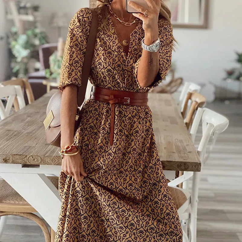 Stunncal Bohemian Print Short-Sleeved V-Neck Dress