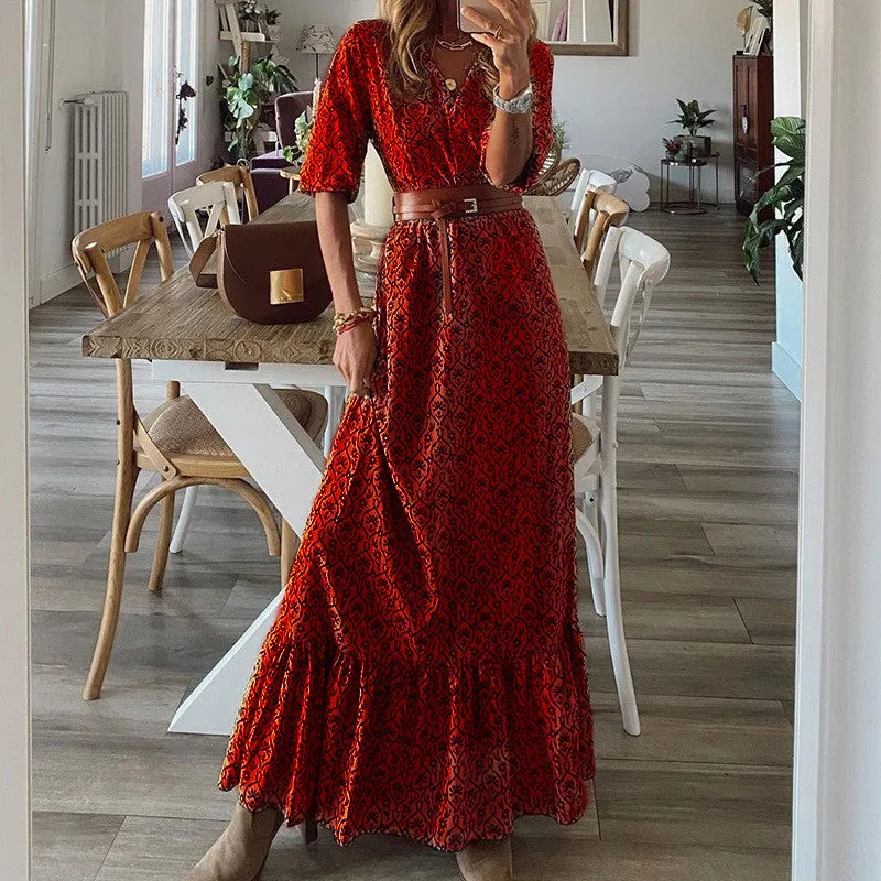 Stunncal Bohemian Print Short-Sleeved V-Neck Dress