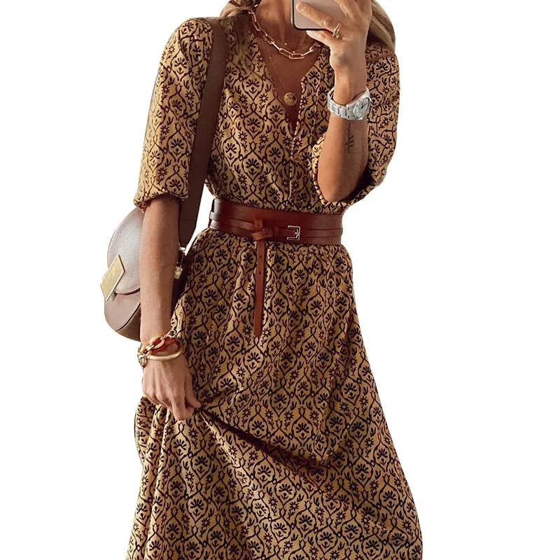 Stunncal Bohemian Print Short-Sleeved V-Neck Dress