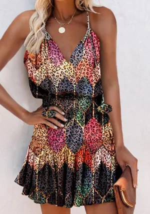 Stunncal Cheetah Print Frill Hem Ruffles Ruched Dress (13 colors)