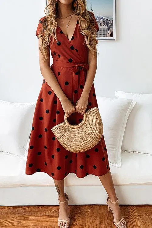 Stunncal Dot Print V Neck Sleeveless Dress