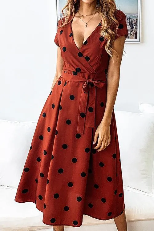 Stunncal Dot Print V Neck Sleeveless Dress