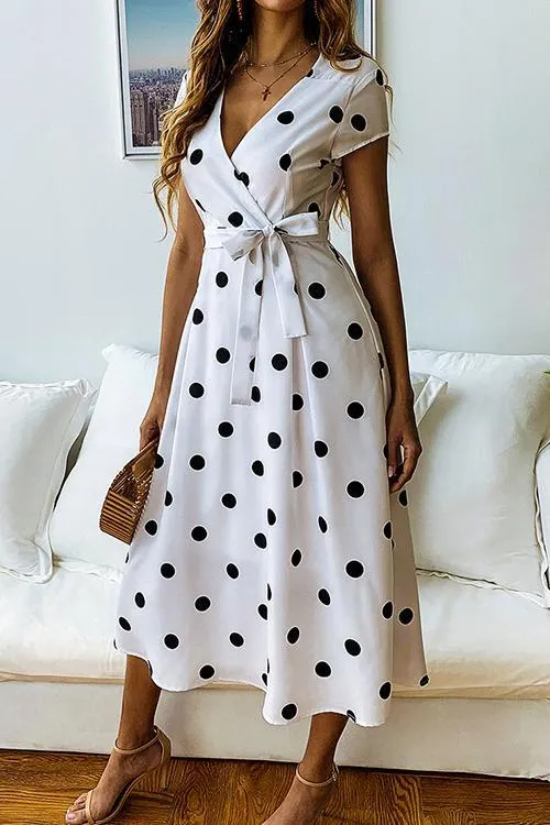 Stunncal Dot Print V Neck Sleeveless Dress