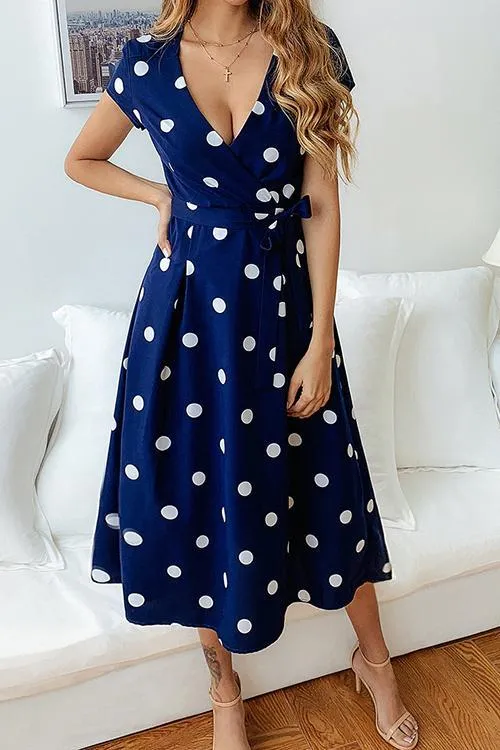 Stunncal Dot Print V Neck Sleeveless Dress