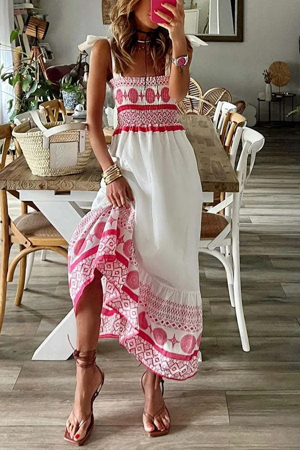 Stunncal Printed Smocked Shoulder Tie Maxi Dress