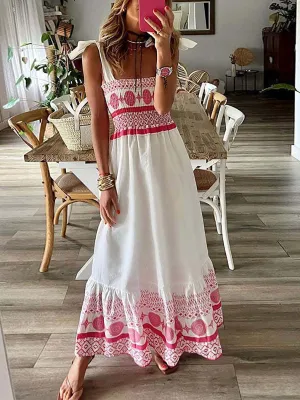 Stunncal Printed Smocked Shoulder Tie Maxi Dress