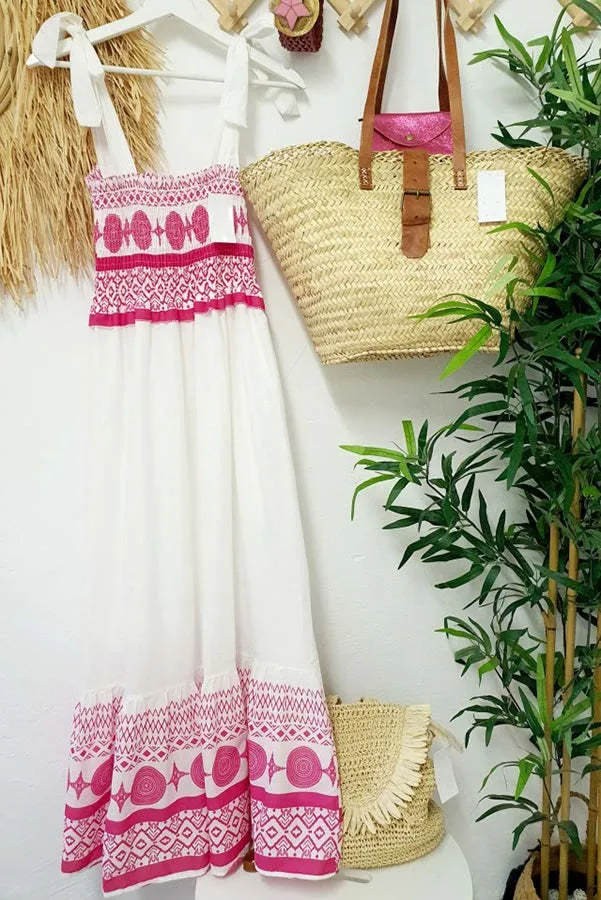 Stunncal Printed Smocked Shoulder Tie Maxi Dress