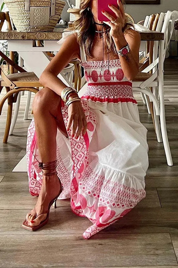 Stunncal Printed Smocked Shoulder Tie Maxi Dress