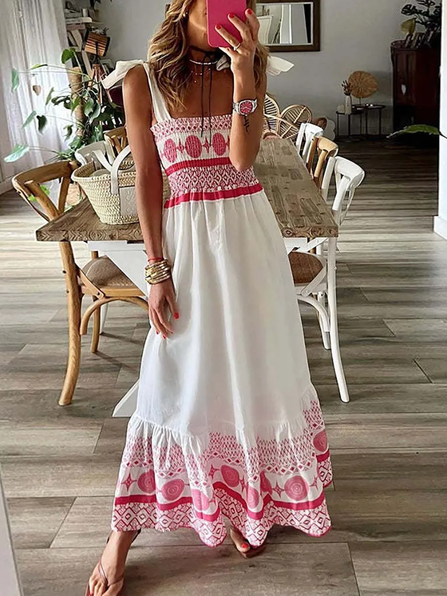 Stunncal Printed Smocked Shoulder Tie Maxi Dress