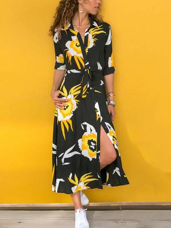 Stunncal Printed V-neck Belt Dress