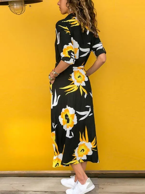 Stunncal Printed V-neck Belt Dress
