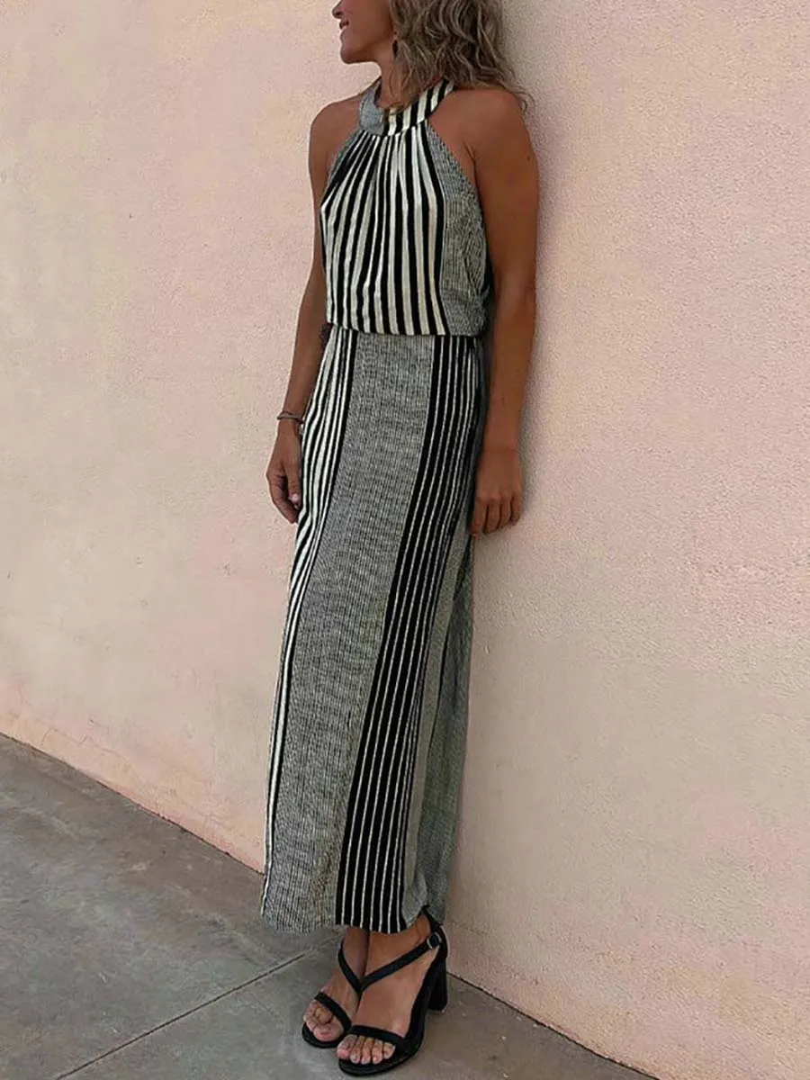 Stunncal Sleeveless Round Neck Striped Dress
