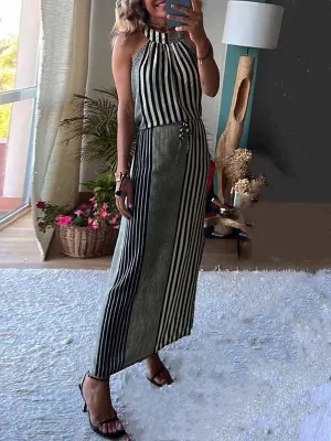 Stunncal Sleeveless Round Neck Striped Dress