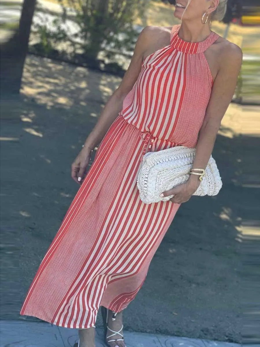 Stunncal Sleeveless Round Neck Striped Dress