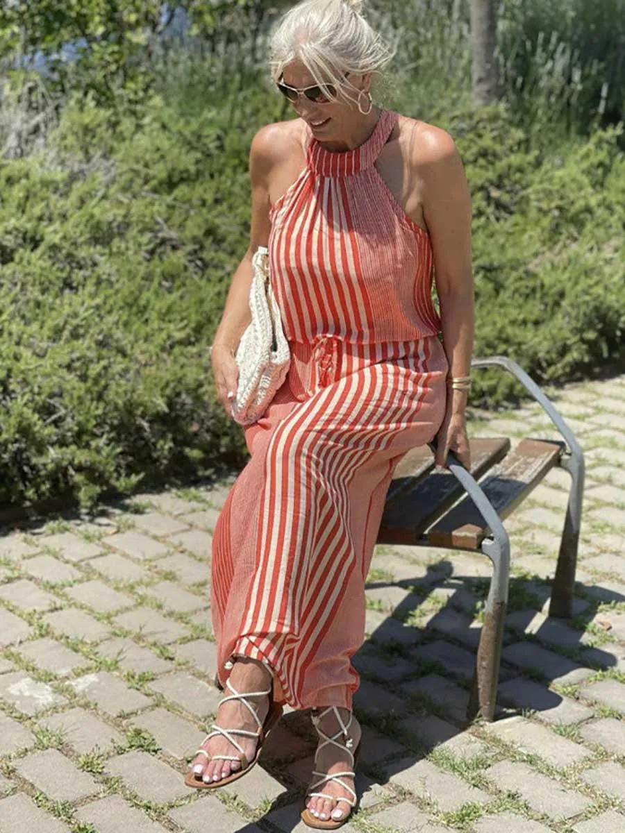 Stunncal Sleeveless Round Neck Striped Dress