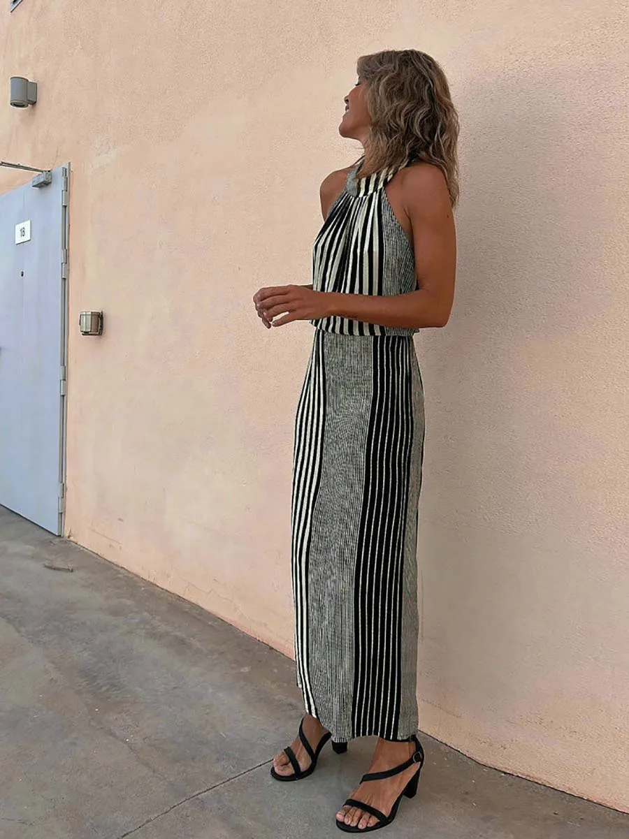 Stunncal Sleeveless Round Neck Striped Dress