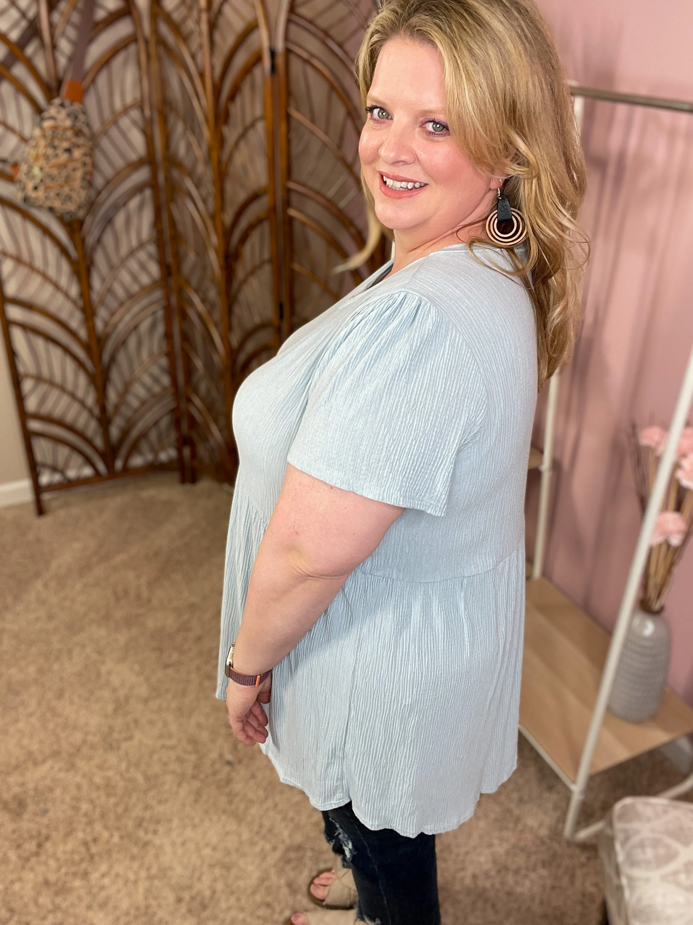 Summer Air Babydoll Top - Gauzy Gray Blue