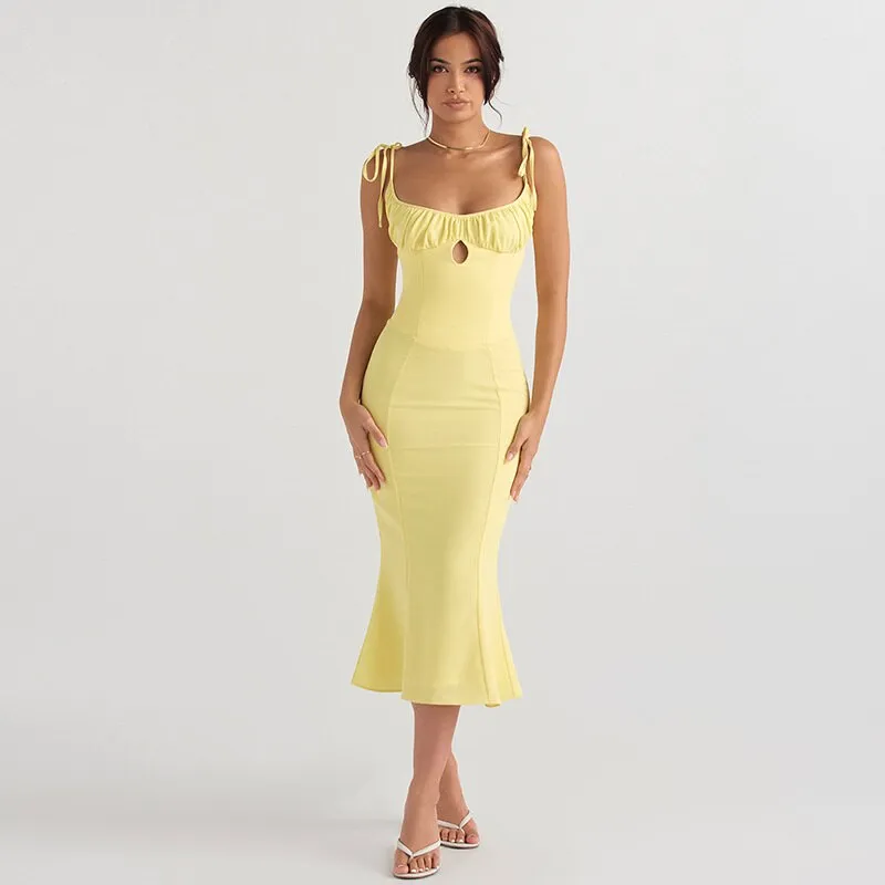 Summer Women Spaghetti Strap Mermaid Dress Lady Sexy Sleeveless Backless Solid Color Sheath Mermaid Dress Vestidos SS205