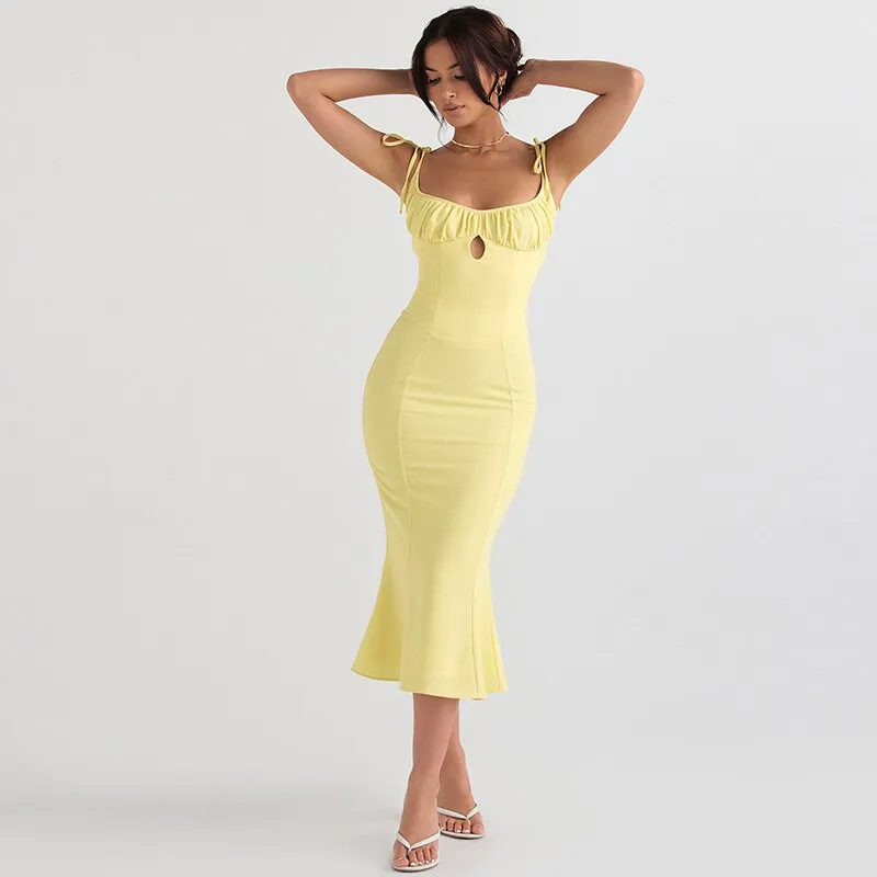 Summer Women Spaghetti Strap Mermaid Dress Lady Sexy Sleeveless Backless Solid Color Sheath Mermaid Dress Vestidos SS205