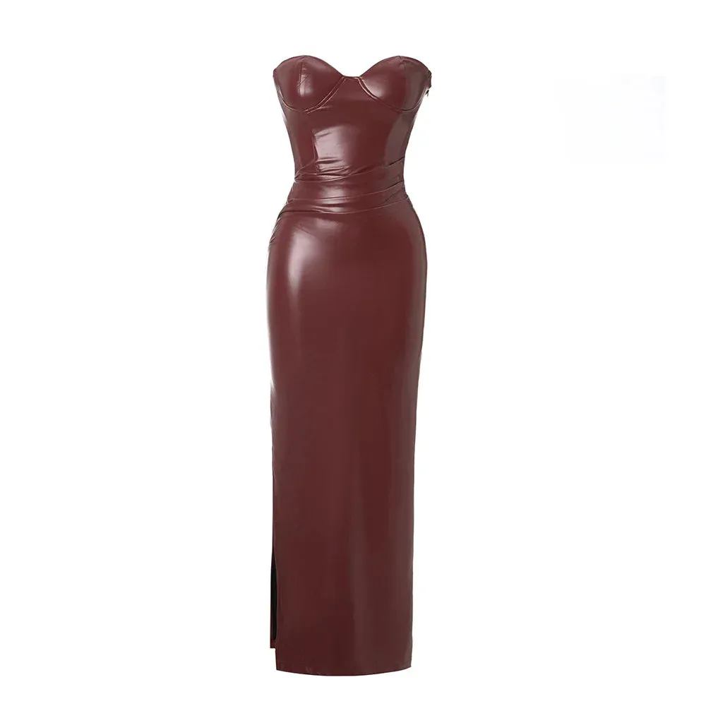 Suninheart Autumn Strapless Party Dresses 2024 New Arrivals Wine PU Corset  Dress Sexy Midi Bodycon Night Event Dress Women