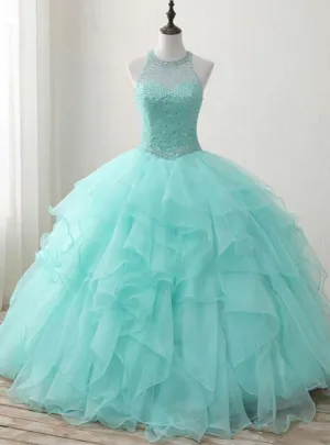 Sweet 16 Dresses Green Round Neck Tulle Beads Long Prom Dresses