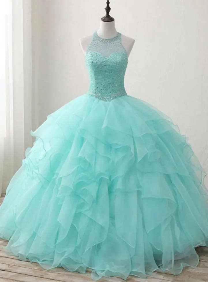 Sweet 16 Dresses Green Round Neck Tulle Beads Long Prom Dresses