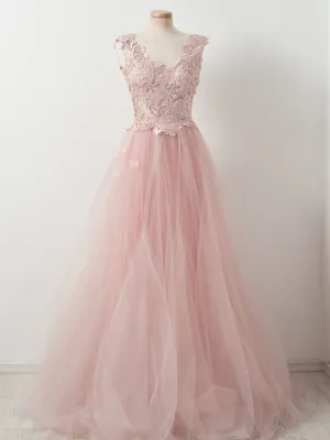Sweet Pink Lace Top Tulle Scoop Neck Sleeveless Elegant Prom Dresses ,PD00104