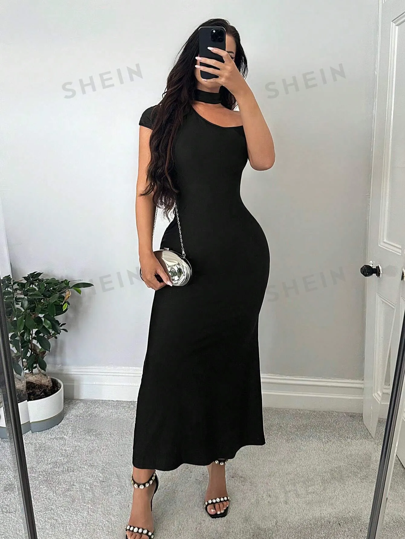 SXY Women Open Shoulder Stand Collar Bodycon Fishtail Black Dress