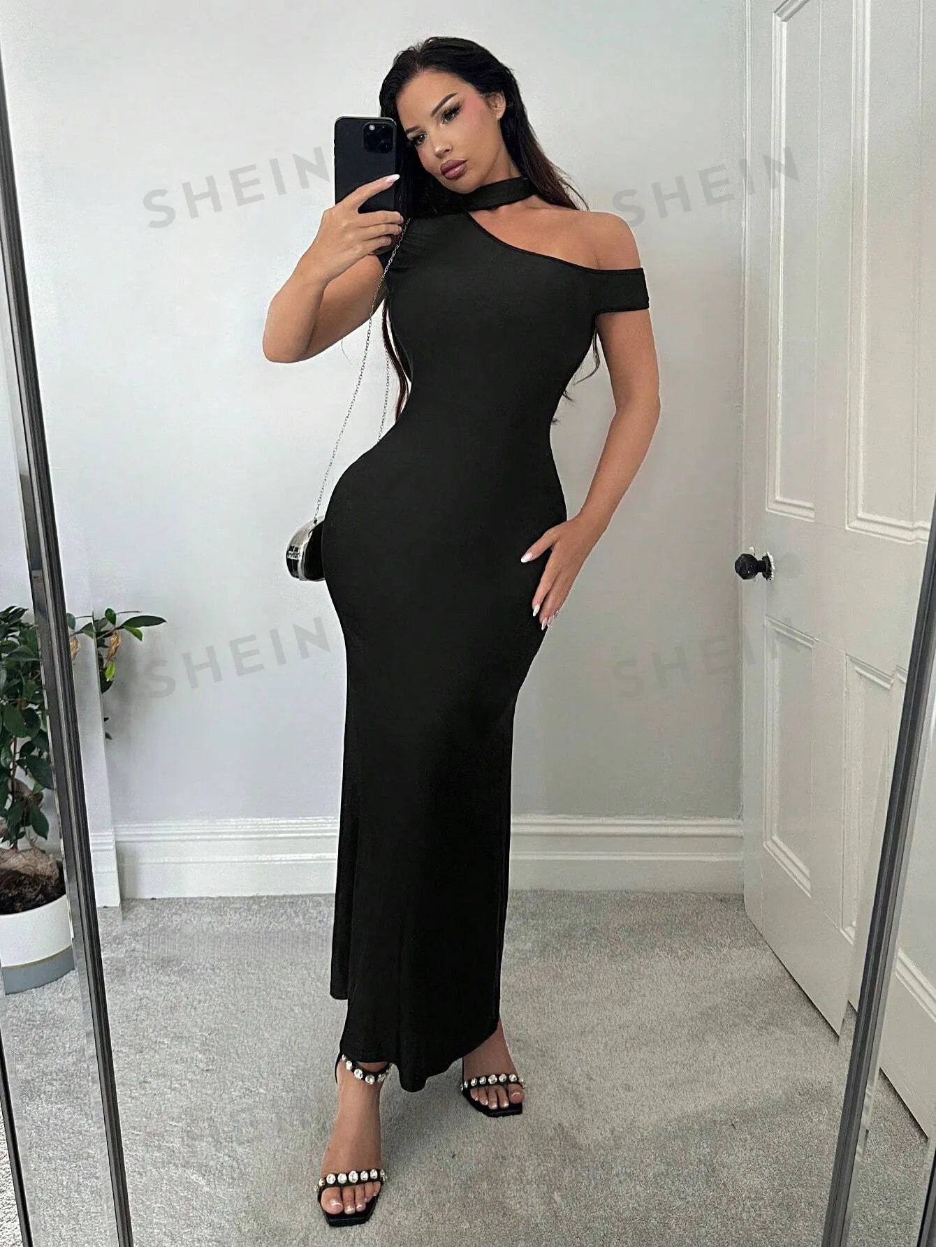 SXY Women Open Shoulder Stand Collar Bodycon Fishtail Black Dress