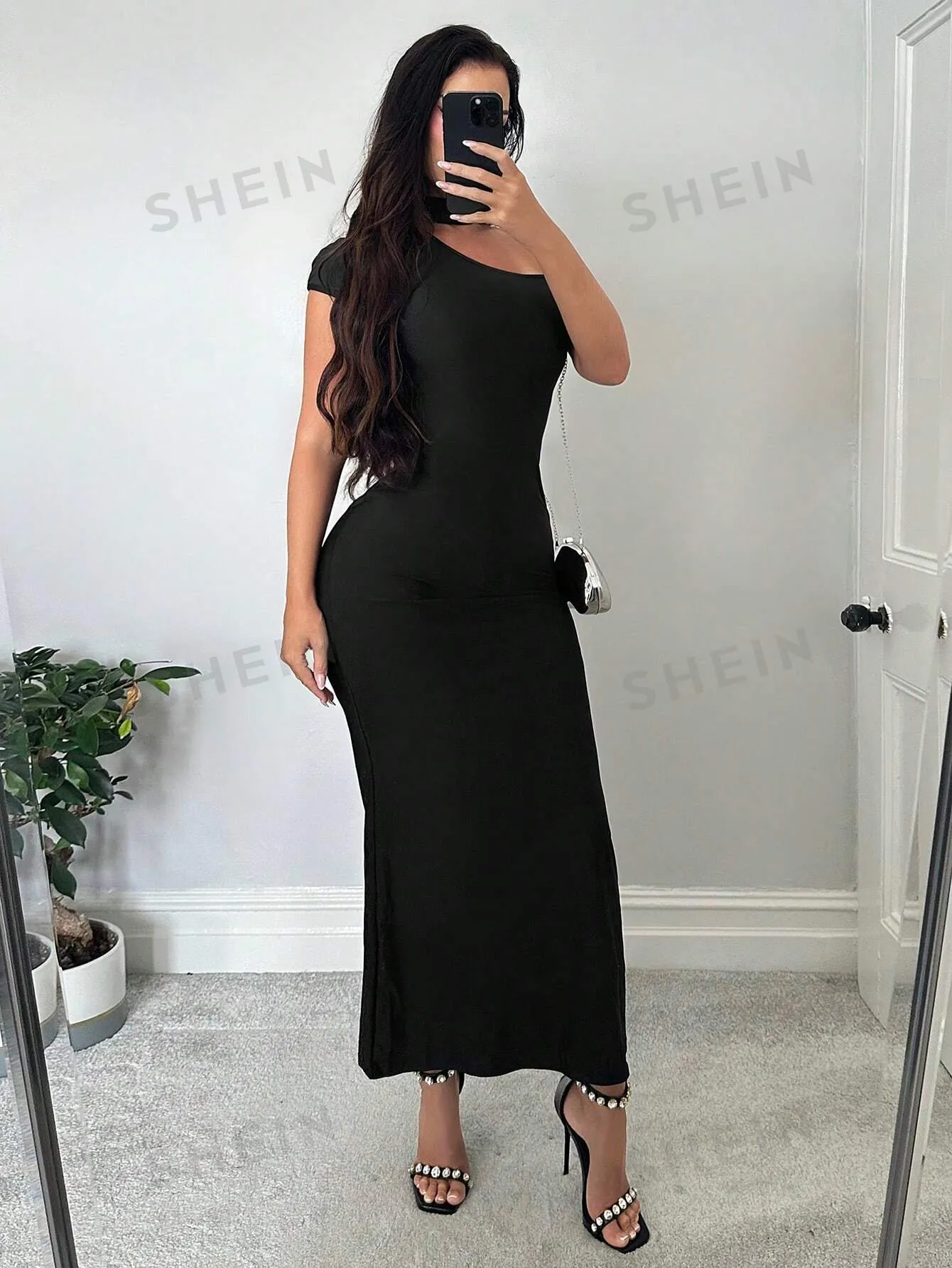 SXY Women Open Shoulder Stand Collar Bodycon Fishtail Black Dress