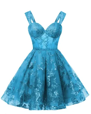 Teens Sparkly Tulle Turquoise Homecoming Dresses Spaghetti Straps Short Cocktail Party Prom Dresses