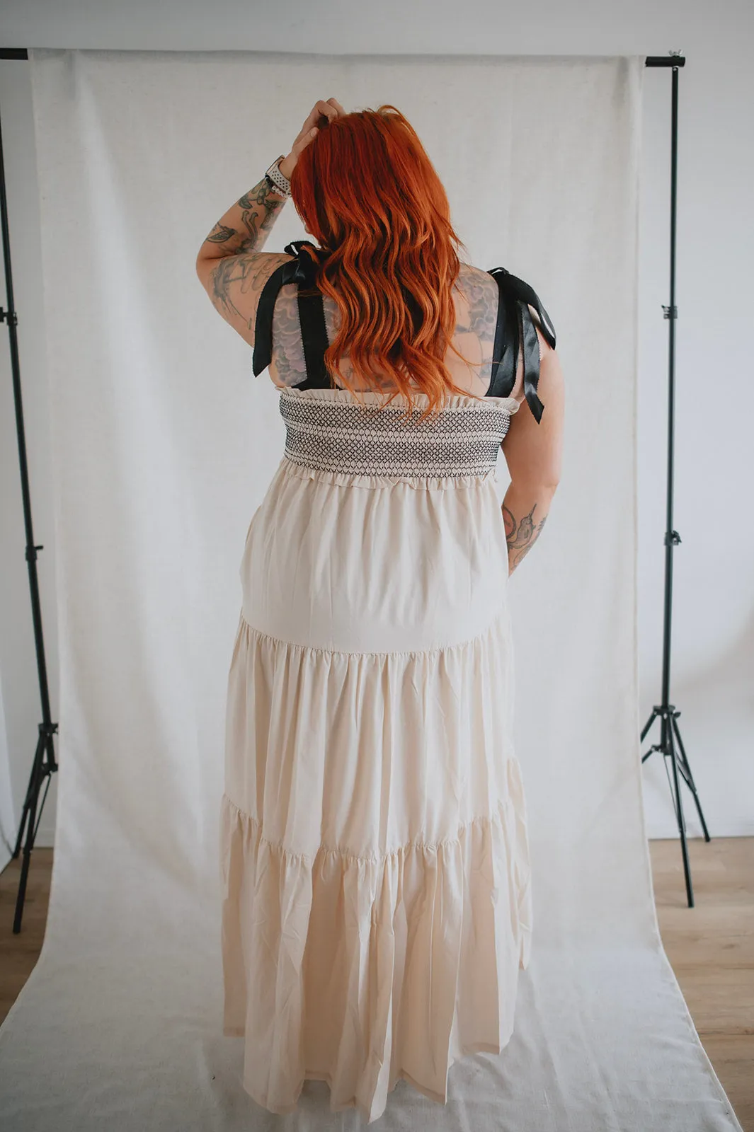 The Bette Bow Tie Shoulder Maxi Dress - Beige - PLUS