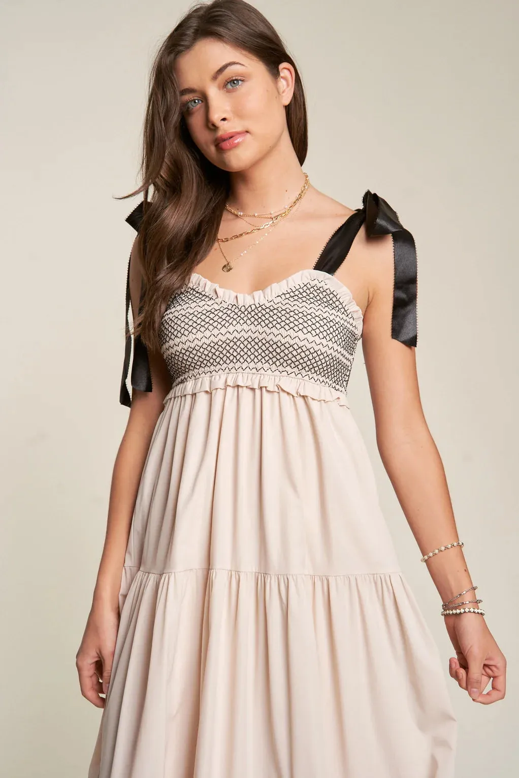 The Bette Bow Tie Shoulder Maxi Dress - Beige - PLUS
