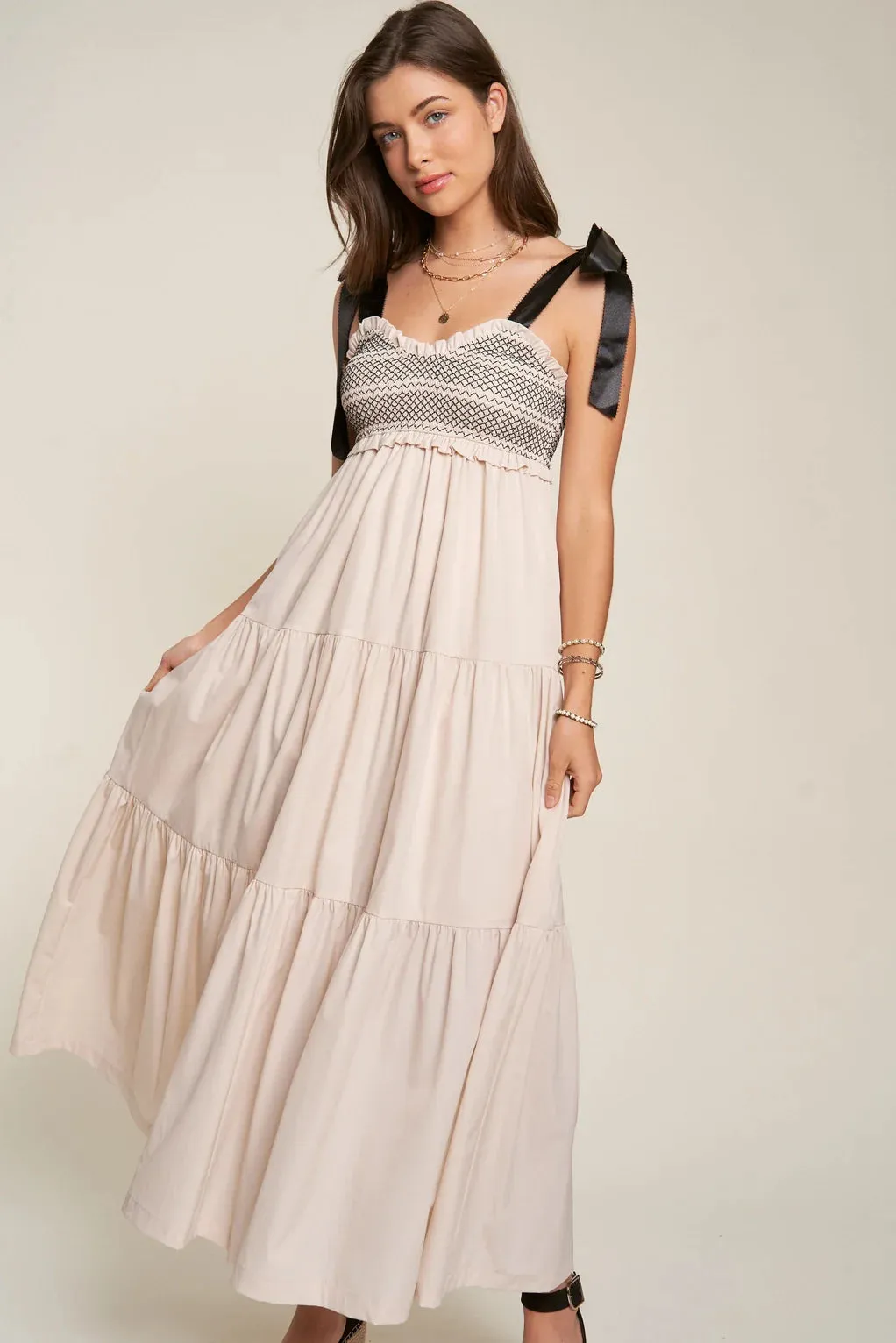 The Bette Bow Tie Shoulder Maxi Dress - Beige - PLUS